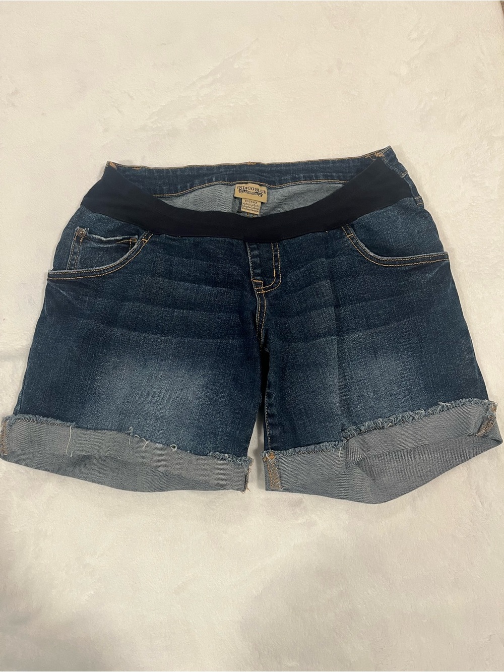 Indigo Blue Maternity Jean Shorts with Cuffed Hem - Size XS
